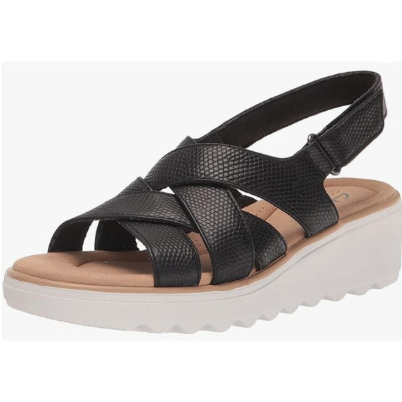 Clarks Shoes - Clarks Jillian Spring Wedge Sandal, Black Leather, 7.5 Medium